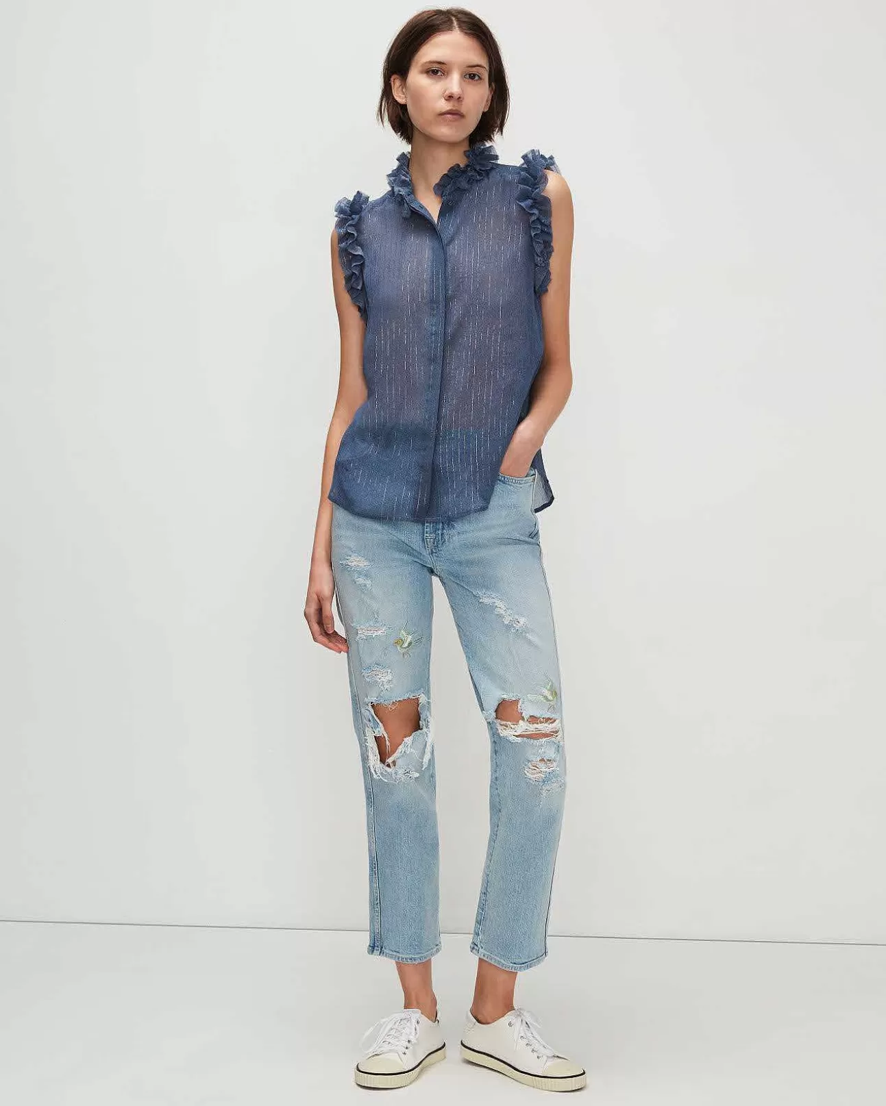 7 For All Mankind Armelloses Hemd Mit Ruschenkragen Und Lurexstreifen Denim Blue Best Sale