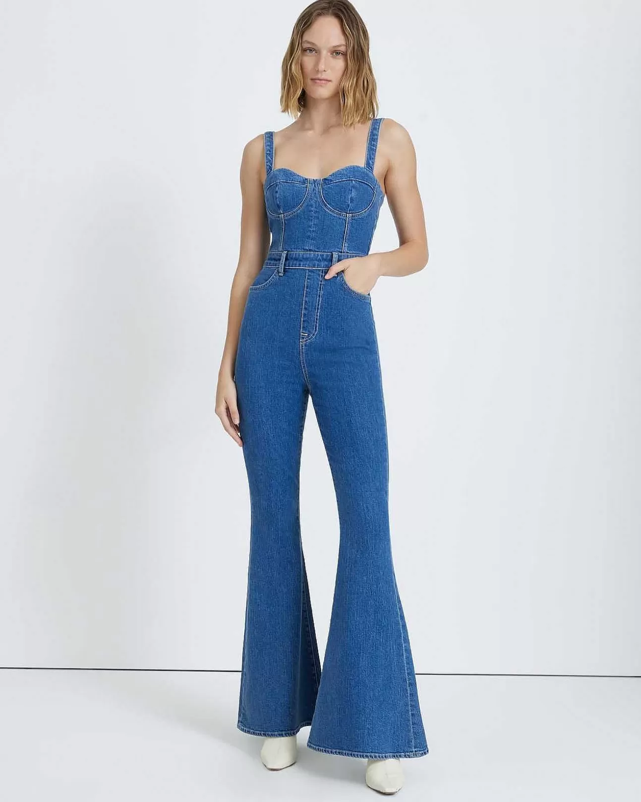 7 For All Mankind Beauty Denim Mega Flare Jumpsuit Diana Hot