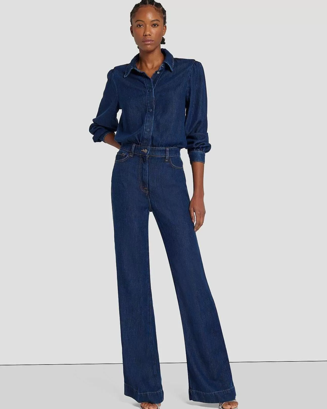 7 For All Mankind Denim-Glanz-Jumpsuit Mit Langen Armeln Mohn New