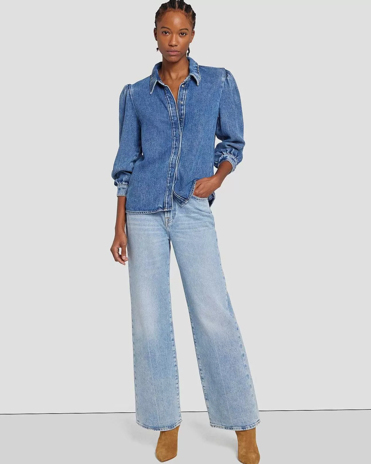 7 For All Mankind Denim-Luster-Hemd Mit Puffarmeln Taglilie Outlet