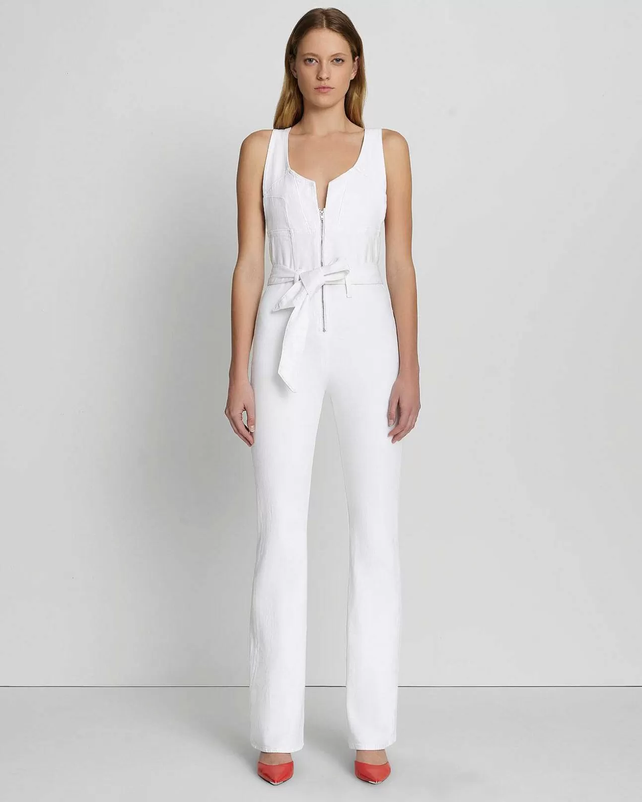 7 For All Mankind Flare-Jumpsuit Mit Reisverschluss Vorne Strahlendes Weis Clearance