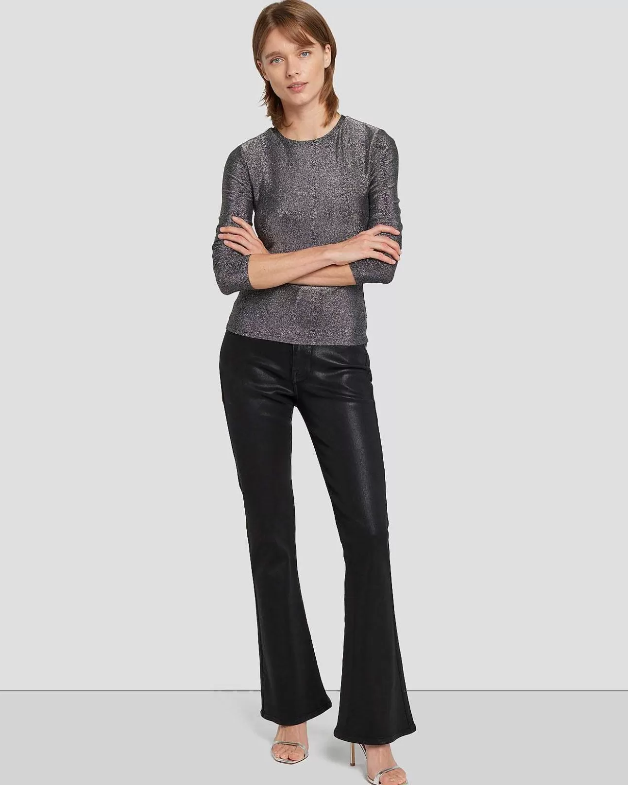 7 For All Mankind Langarmliges, Schimmerndes Oberteil Gunmetal Hot